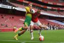 Todd Cantwell, scorer of a fine FA Cup goal, up against Arsenal's Sead Kolasinac at the Emirates Picture: PA