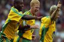 Paul McVeigh celebrates his goal at Old Trafford Picture: Matthew Usher