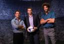 Jake Humphrey on the BT Sport set, alongside former footballers Michael Owen (left) and David James. Picture: Supplied