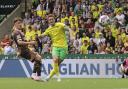 Josh Sargent shoots during Norwich City's pre-season friendly against St. Pauli