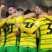 Norwich City celebrate Ashley Barnes' opener in their Championship meeting with Watford