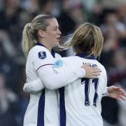 Lauren Hemp congratulates Alessia Russo after putting England ahead in a Euro2025 qualifying win over the Republic of Ireland at Carrow Road