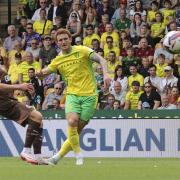 Josh Sargent shoots during Norwich City's pre-season friendly against St. Pauli