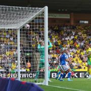 Josh Sargent hits the bar during Norwich City's Championship meeting with Blackburn Rovers