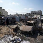 The site of a deadly fire, after an Israeli strike hit a tent area in the courtyard of a hospital in the Gaza Strip (Abdel Kareem Hana/AP)